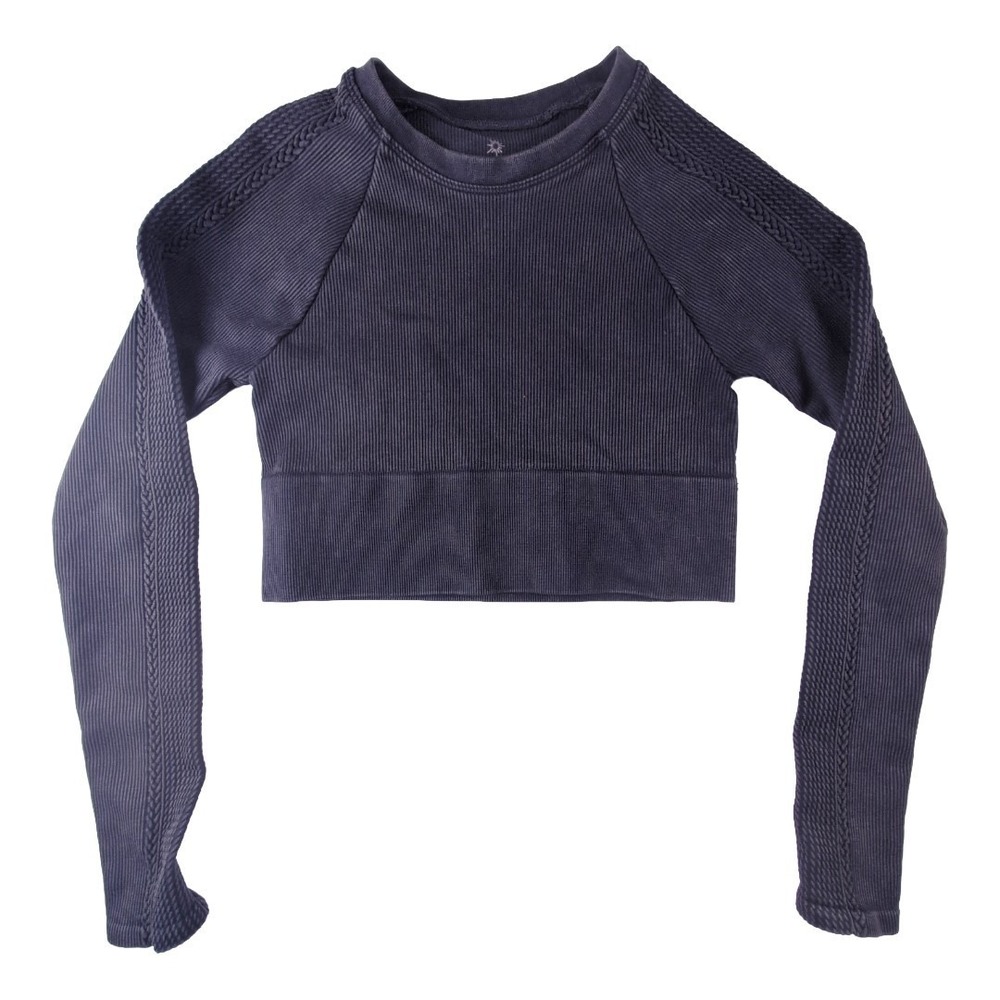 Offline by Aerie Top Long Sleeve Cropped Distressed Black Size XS